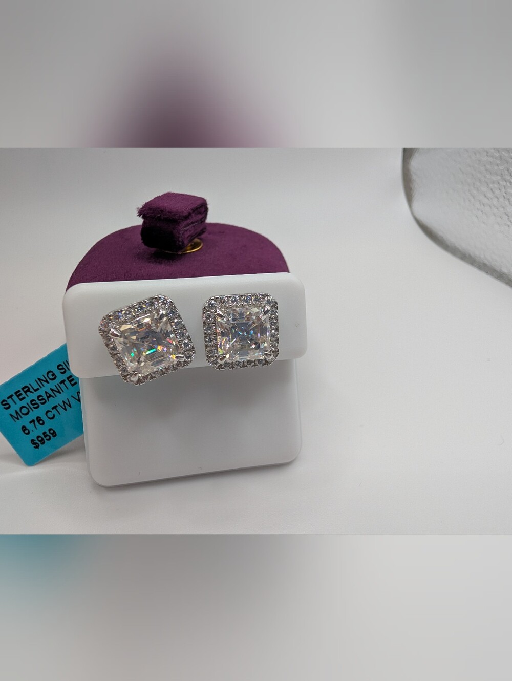 NWT 6.76 CTW Moissanite Square Halo Stud Earrings Sterling Silver VVS D
